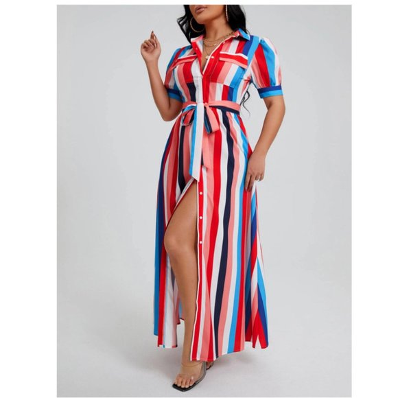 SHEIN Dresses & Skirts - SHEIN VCAY Rainbow Striped Flap Pocket Belted Shirt Dress